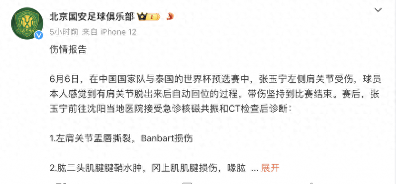 焦点平台官方：北京国安官宣张玉宁伤病报告，代表国家队比赛期间肩部受伤，至少伤停3周
